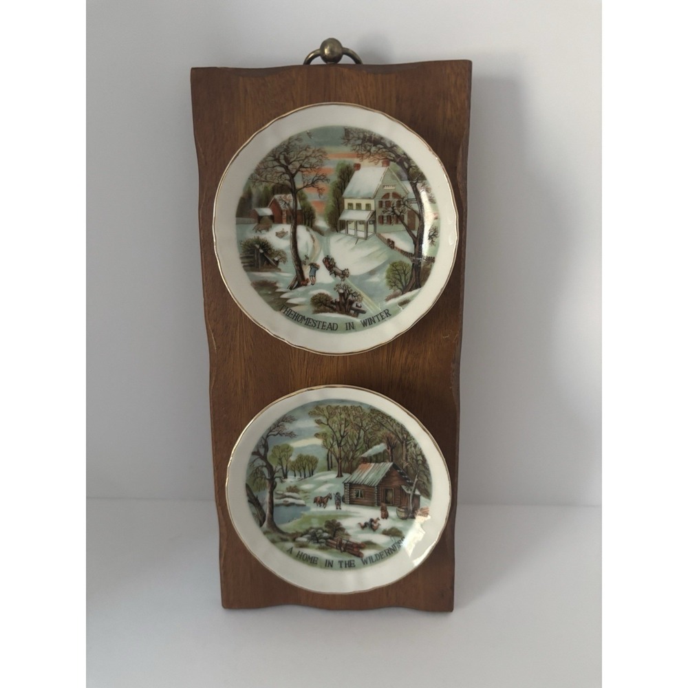 Vtg‎ Wall Hanging Currier & Ives Homestead in Winter & A Home in the Wilderness